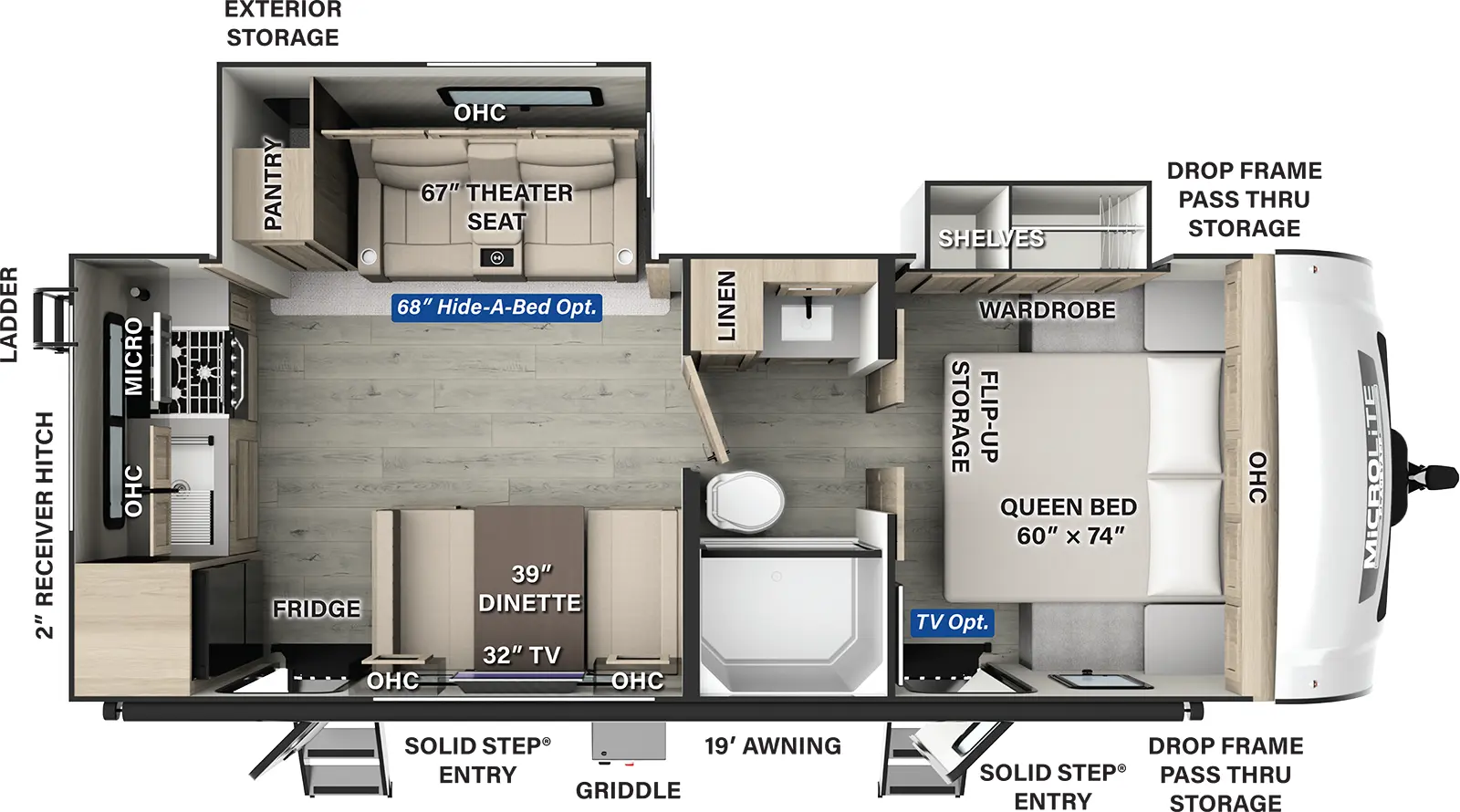 The Flagstaff Micro Lite 25SRK has two entries and two slide outs. Exterior features include: fiberglass exterior and 19' awning. Interiors features include: rear kitchen, front bedroom and pass through bathroom.